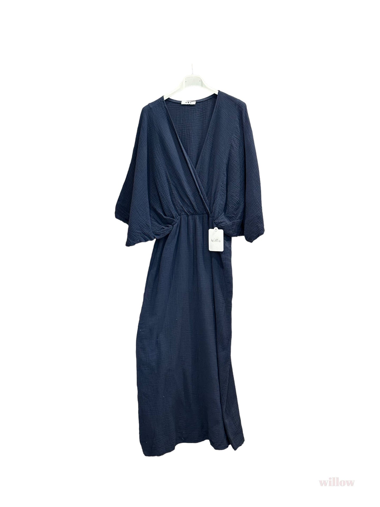 Empire cotton gauze double-breasted long dress #5142A: Navy