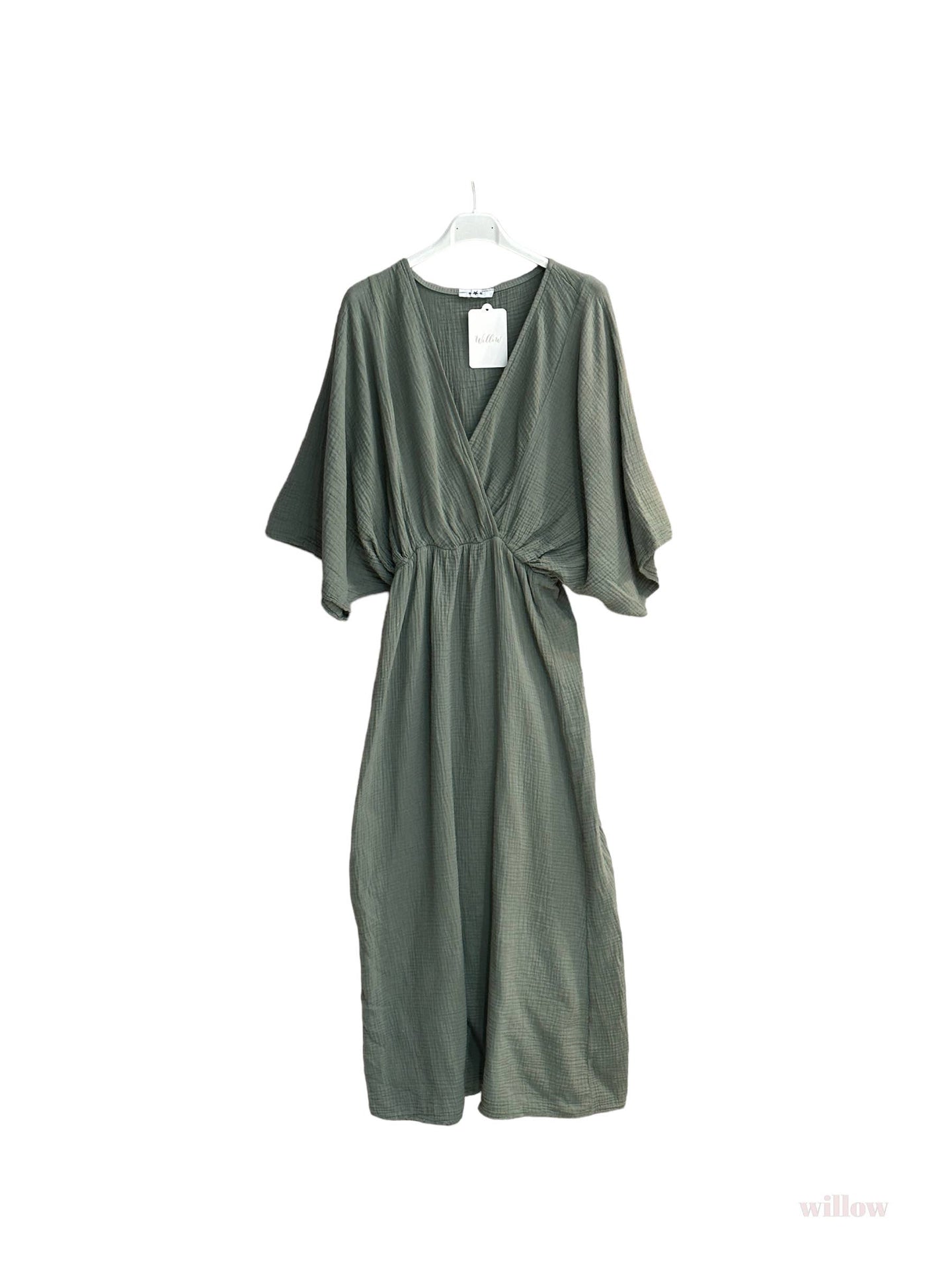 Empire cotton gauze double-breasted long dress #5142A: Khaki