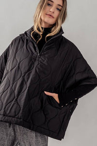 QUARTER ZIP QUILTED PUFFER PONCHO: Black