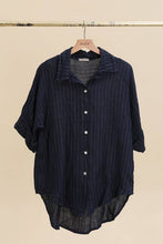 3/4 SLEEVE STRIPED LINEN SHIRT: Beige / One size