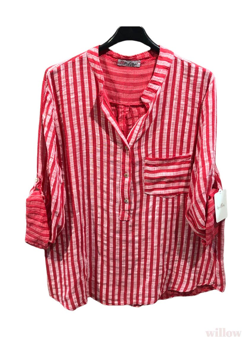 Oversized cotton shirt with striped print: Raspberry