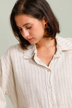 3/4 SLEEVE STRIPED LINEN SHIRT: Beige / One size