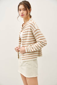 STRIPED RIBBED OPEN CARDIGAN : Mocha