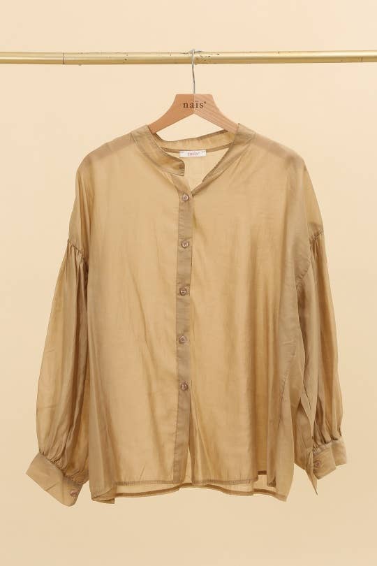 FLUID SHIRT WITH GATHERED SLEEVES IN RAYON AND SILK: Camel / One size