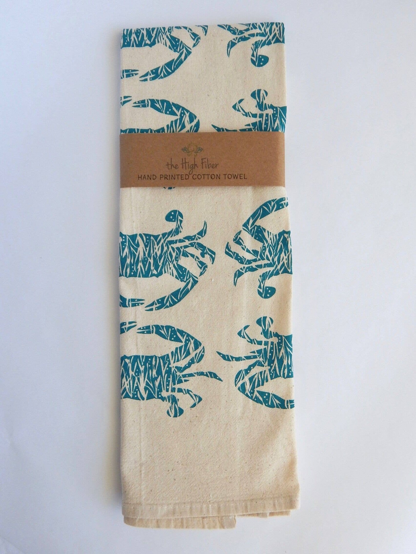 Crab Handprinted Kitchen Towel, Coastal Tea Towel, Blue Crab: Teal Blue on Natural