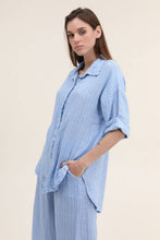 3/4 SLEEVE STRIPED LINEN SHIRT: Beige / One size