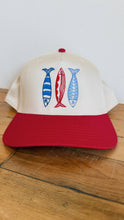 Sardine Trucker Hat: Tan hat | light blue green + blue thread