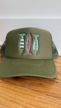 Sardine Trucker Hat: Tan hat | light blue green + blue thread