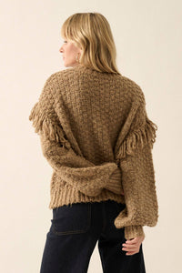 Multicolor Bishop Sleeve Fringe Sweater: L / TAUPE