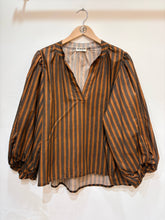 Women's cotton blouse V-neck puff sleeves striped: Vert / TAILLE STANDARD (36-42 / S-XL)