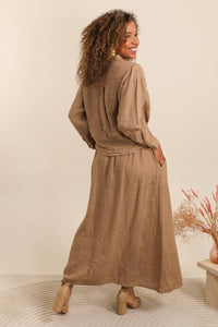 LONG SKIRT WITH SMOCKED WAIST AND POCKETS 100% LINEN: Almond green / One size