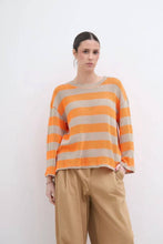Two-tone Boat Neck Long-Sleeve Knit Sweater: Orange / One Size