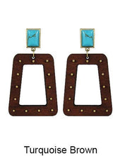 Trapezium Geometric Wood Natural Stone Dangle Post Earrings: Sapphire Brown