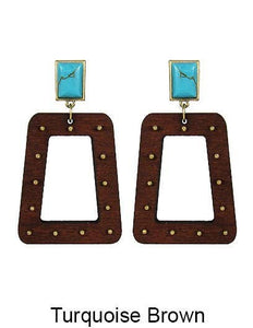 Trapezium Geometric Wood Natural Stone Dangle Post Earrings: Sapphire Brown