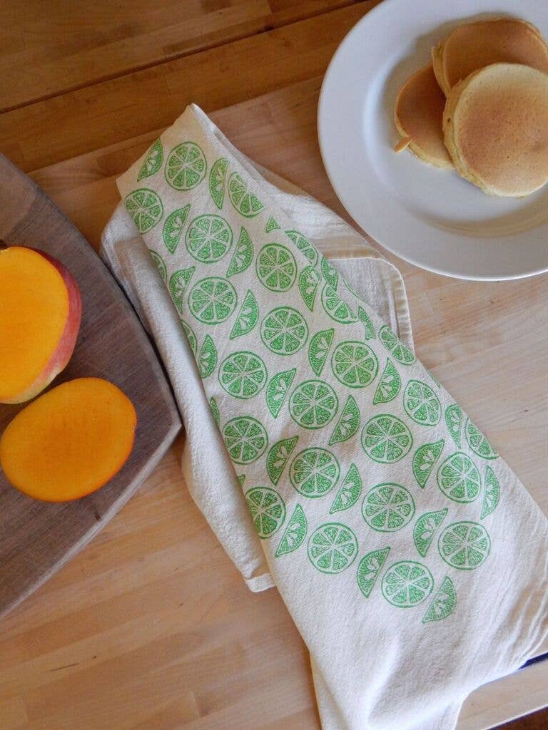 Citrus Kitchen Towel, Handprinted Tea Towel, Citrus Print: Lime on Natural