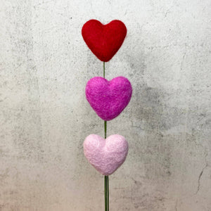 Set of 3 Felted Heart Stem Bouquet True Love: Thin