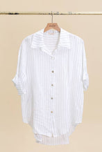 3/4 SLEEVE STRIPED LINEN SHIRT: Beige / One size
