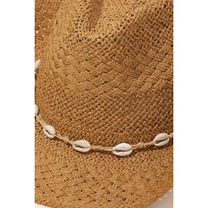 Straw Braid Cowrie Shell Strap Fedora Hat: