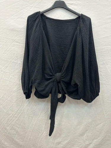 Cotton gauze tie bolero @18625_BoleroNoeud: Black