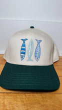 Sardine Trucker Hat: Tan hat | light blue green + blue thread