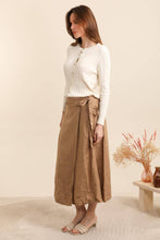 LONG WRAP SKIRT WITH ELASTIC WAIST AND KNOT 100% LI: Camel / One size