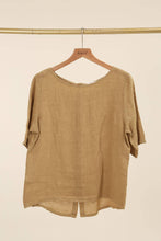 ROUND NECK T-SHIRT BUTTONED AT THE BACK 100% LINEN: Beige / One size