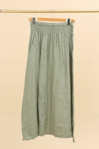 LONG SKIRT WITH SMOCKED WAIST AND POCKETS 100% LINEN: Almond green / One size