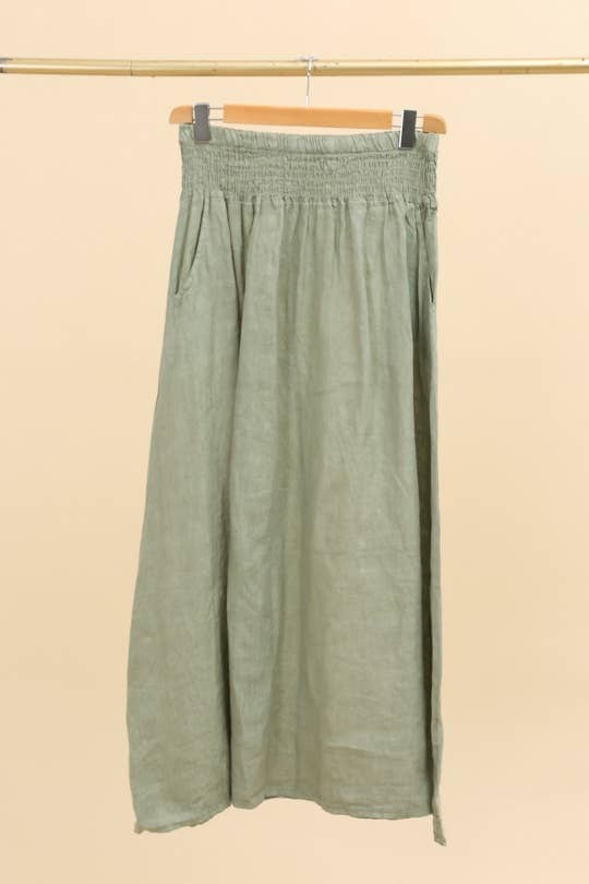 LONG SKIRT WITH SMOCKED WAIST AND POCKETS 100% LINEN: Almond green / One size