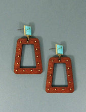 Trapezium Geometric Wood Natural Stone Dangle Post Earrings: Turquoise Brown