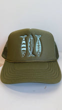 Sardine Trucker Hat: Tan hat | light blue green + blue thread