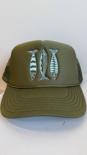 Sardine Trucker Hat: Olive hat | light blue thread