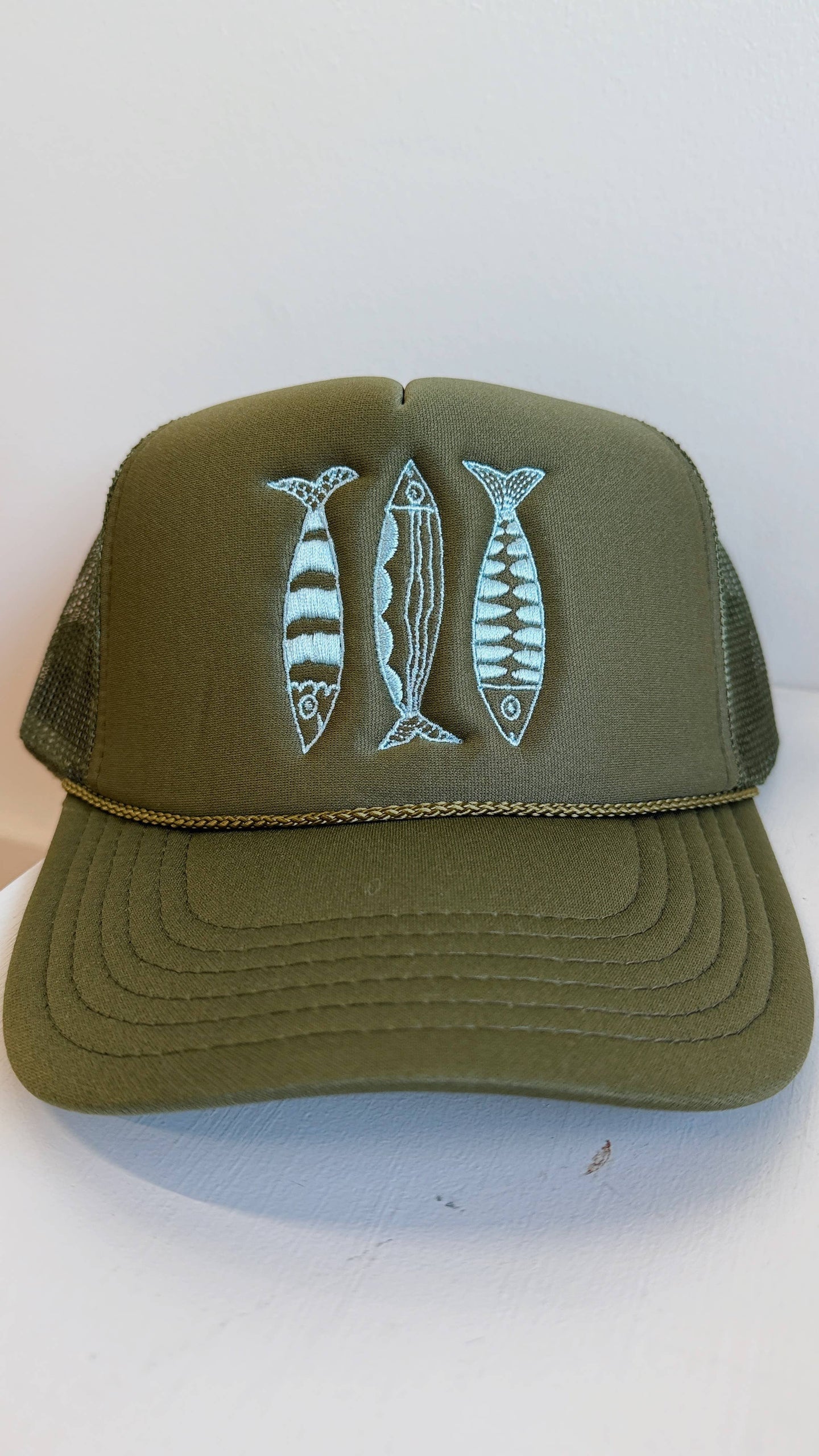 Sardine Trucker Hat: Olive hat | light blue thread