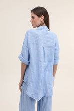 3/4 SLEEVE STRIPED LINEN SHIRT: Beige / One size