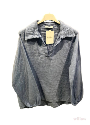 Cotton Gauze French collar blouse: Sky Blue
