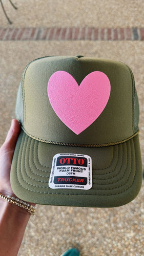 Happy Heart Trucker Hat: Olive + pink