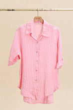 3/4 SLEEVE STRIPED LINEN SHIRT: Beige / One size
