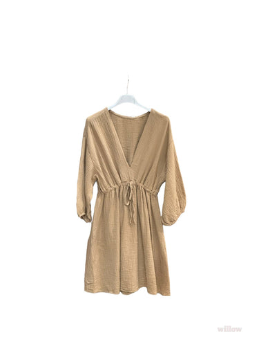 Belted cotton gauze short dress: Camel