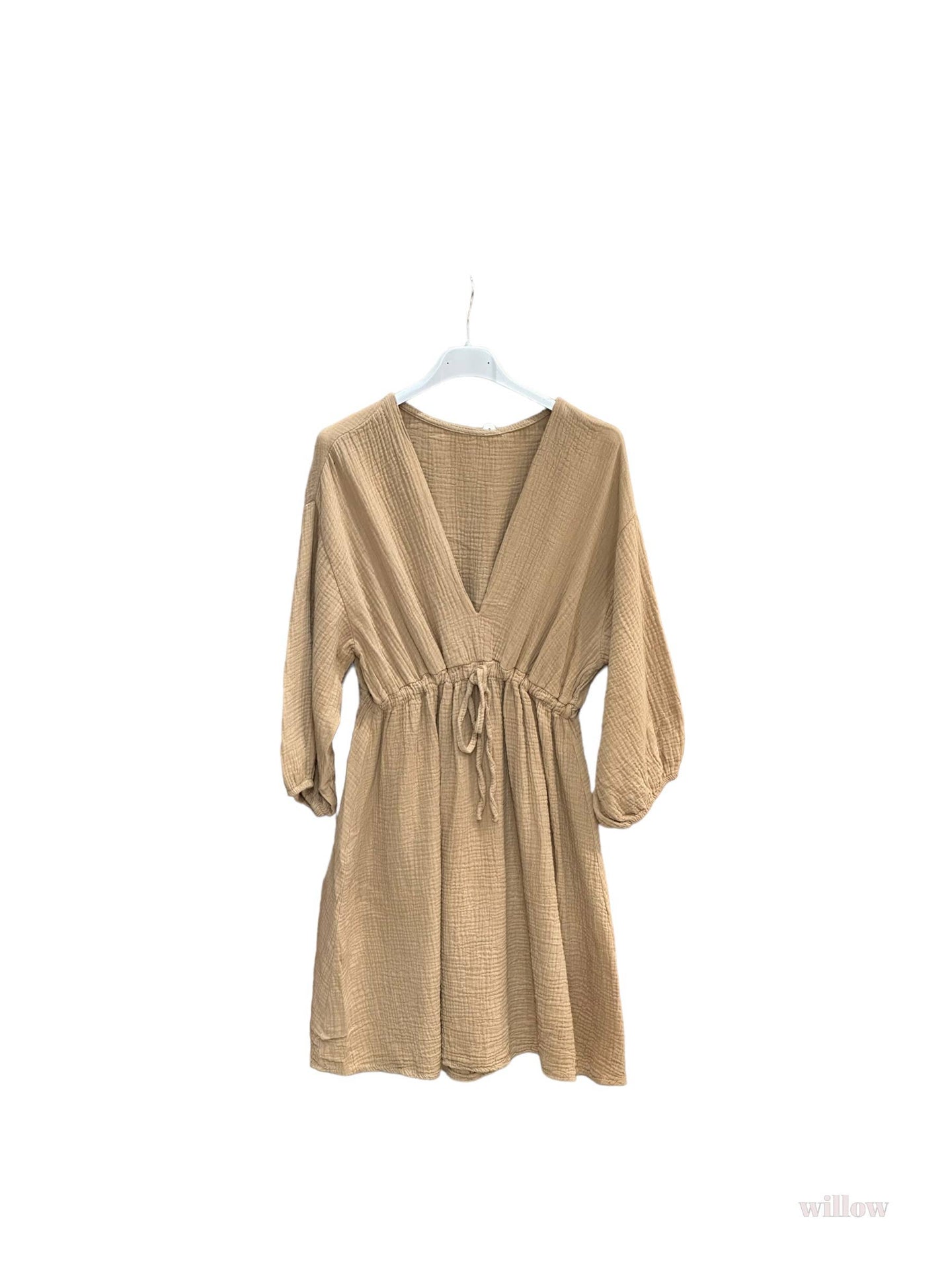 Belted cotton gauze short dress: Camel