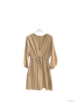 Belted cotton gauze short dress: Beige