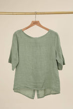 ROUND NECK T-SHIRT BUTTONED AT THE BACK 100% LINEN: Beige / One size