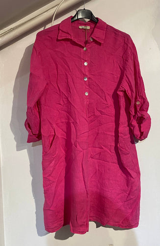 Button Down Linen Dress: Fuchsia