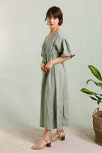 Long dress with 3/4 sleeves, cinched at the waist, 100% linen / One size