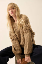 Multicolor Bishop Sleeve Fringe Sweater: L / TAUPE