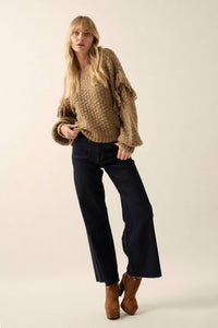 Multicolor Bishop Sleeve Fringe Sweater: L / TAUPE