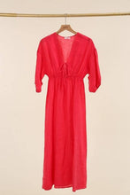 Long dress with 3/4 sleeves, cinched at the waist, 100% linen / One size