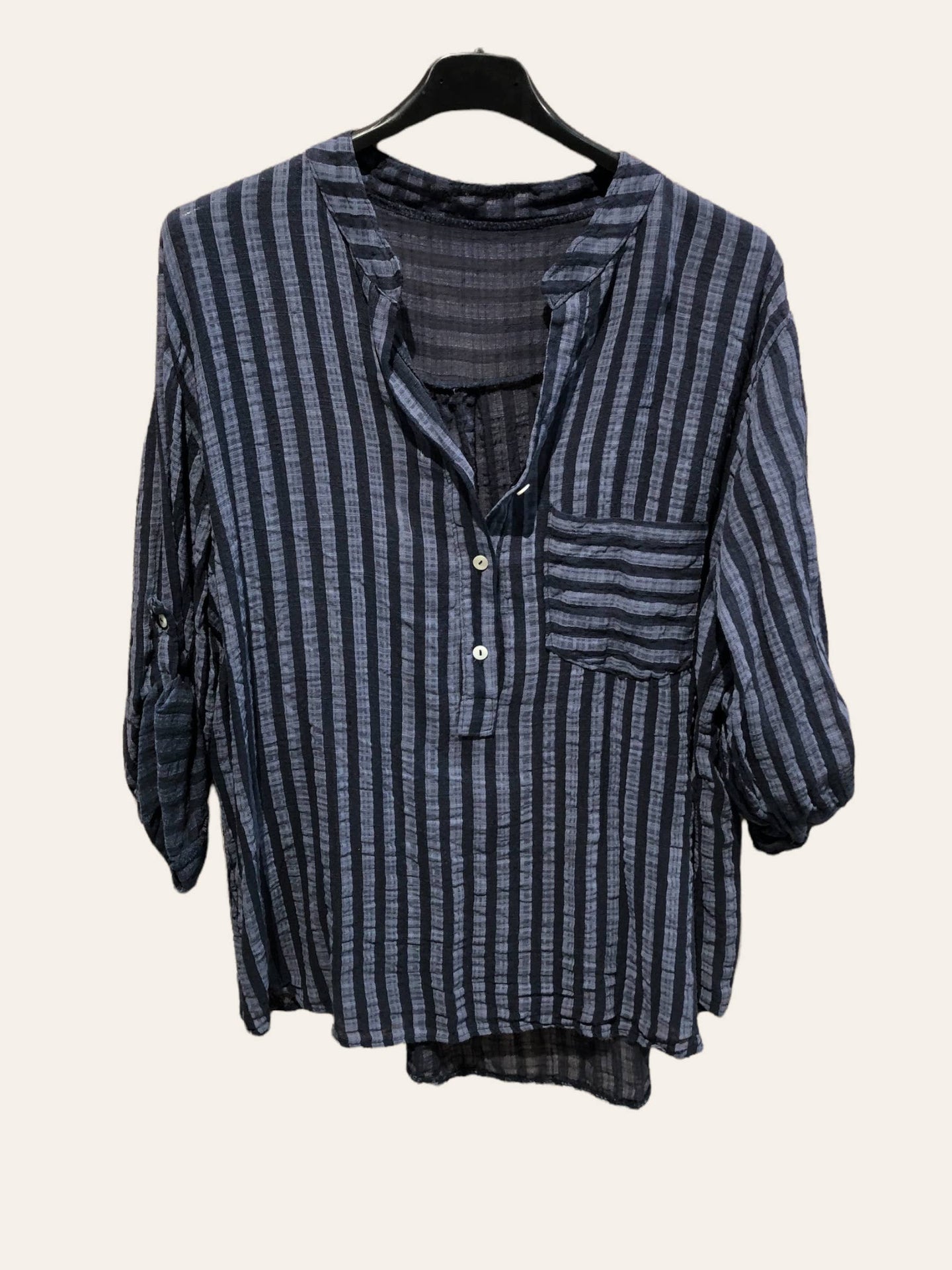 Oversized cotton shirt with striped print: Navy