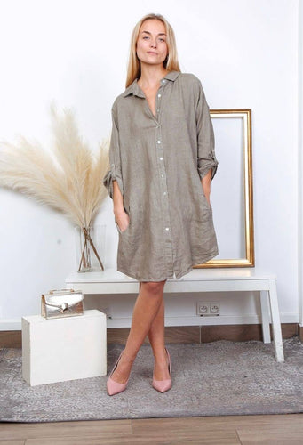 Button Down Linen Dress : Taupe