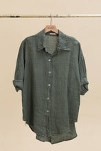 3/4 SLEEVE STRIPED LINEN SHIRT: Sky Blue / One size