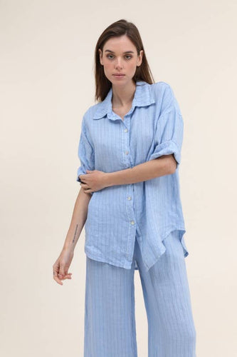 3/4 SLEEVE STRIPED LINEN SHIRT: Sky Blue / One size