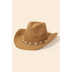 Straw Braid Cowrie Shell Strap Fedora Hat: